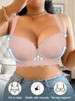 Plus Size Women'S Elegant Contrast Lace Underwire Bra - Anti-Sagging Comfort Fit, Medium Support Steel Boning & Non-Detachable Padded Cups, Solid Black For Everyday & Special Occasions, Special Occasion Lingerie | Pearl Charm Bra | Adjustable Straps - Image 4