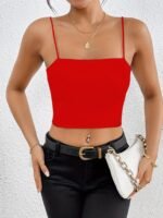 Red Off-Shoulder Crop Top Camisole - Sexy Sleeveless Spaghetti Strap, Stretchy & Machine Washable, Perfect For Casual Or Chic Outfits