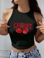 Women'S Elegant Cropped Graphic Tank Top - Cherry Print Semi-Sheer Stretchy, Round Neck Sleeveless Shirt, Machine Washable All-Season Casual Top, Ladies Tank Tops, Playful Summer Wear - Image 3
