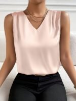 Women'S Elegant V-Neck Sleeveless Vest - Satin-Finish Blouse For Evening Parties & Special Occasions, Machine Washable Solid Color Top, Spring Summer Fall Versatile Wear, Party Attire, Sophisticated Style, Quality Craftsmanship - Image 9