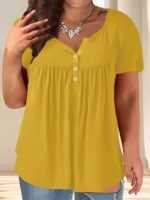 Women'S Plus Size Casual Buttoned Pleated T-Shirt, Summer Knit Fabric Top, Crew Neck, Solid Color, Slight Stretch, Oversized Pullovers, Polyester 95% Spandex 5% - Navy Blue - Image 3