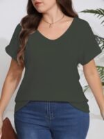 Plus Size, Plus Size Women'S Elegant V-Neck T-Shirt - Soft Semi-Sheer Fabric, Vibrant Red, Machine Washable, Spring Summer Fall Casual Top, Ladies T Shirts, Seasonal Fashion, Sophisticated Casual, Comfortable Fit - Image 5