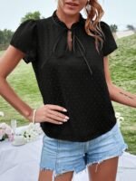 Elegant Deep V-Neck Lace-Up Blouse For Women - Chic Solid Color Shirting Style With Eyelet Detail, Versatile For All Seasons - Image 4