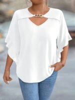 Women'S Plus Size V-Neck Blouse - Soft Pink, Ruffled Sleeves, Casual Summer Top With Golden Chain Detail, Casual Wear|Ruffled Sleeve Top|Vneckline Top - Image 4