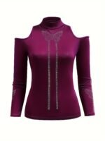 Rhinestone Butterfly Print Mock Neck T-Shirt, Casual Cold Shoulder Long Sleeve Top For Spring & Fall, Women'S Clothing - Image 4