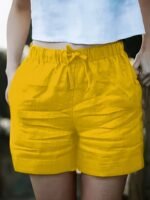 Women'S High-Waisted Blend Casual Shorts, Solid Color, Non-Stretch Fabric, Spring Summer Autumn, Wide Waistband And Slant Pocket, Linen Texture - Image 8