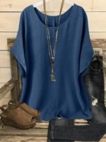 Plus Size, Plus Size Women'S Casual Summer Batwing Sleeve Blouse - Olive Green Solid Color Round Neck Short Sleeve Shirt, Machine Washable & Dry Cleanable, Elegance Collection - Image 6