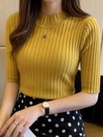 Women'S Elegant Rib-Knit T-Shirt, Polyester 100% Skinny Fit Half Sleeve Tops, Solid Crew Neck Knit Pullovers, All-Season Stretchy T-Shirt With Pleated Hem, 350G/M? Fabric Weight - Image 3