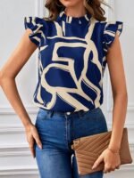 Elegant Women'S Abstract Print Stand Collar Blouse With Ruffle Sleeves - Short Sleeve, Polyester, Machine Washable, Dark Blue & Beige Design, Perfect For Summer Casual Wear, Stylish Office Attire | Ruffle Sleeve Top | Polyester Blouse, Ladies Blouses - Image 4