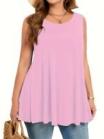 Plus Size Women'S Stretchy Sleeveless Round Neck Tank Top - Solid Color Casual Vacation Wear, Machine Washable Spring/Summer Tops, Ladies Tank Tops, Summer Plus Top, Flowy Fabric Top, Nontransparent Fabric, Travel Clothing, Relaxed Fit, Breathable Material, Warm Weather Outfits - Image 9