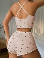 Women'S Heart Print Frill Trim Sexy Ribbed Pajama Set, Bow Decor Notched Neck Backless Crop Cami Top & Shorts, Comfortable Relaxed Fit, Summer Nightwear - Image 10
