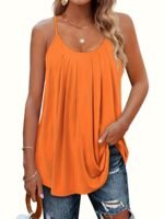 Plus Size, Women'S Casual Loose Fit Ruched Sleeve Round Neck Tank Top - Beige Breathable Stretchy Blouse For Spring/Autumn, Machine Washable - Image 8