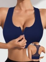 1Pc Women'S Sports Bra With Zipper Back, Hollow Out Seamless, Medium Support, Removable Padding, Knit Fabric, 90% Elastane 10%, Solid Color, For Yoga Fitness & Casual Wear