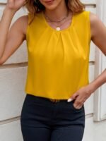 Women'S Elegant Solid Color Sleeveless Blouse - Round Neck Button Front, Machine Washable Non-Stretch Fabric, All-Season Versatile Top For Casual & Formal Wear, Buttoned Front Top, Sophisticated Design - Image 6
