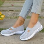 1 Pair Women'S Breathable Open Toe Sneakers, Casual All-Season Slip-On Walking Shoes, Lightweight Flat Sole With Solid Color Design, Comfortable Fabric Upper/Inner And Faux Sole - Image 4