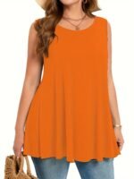 Plus Size Women'S Stretchy Sleeveless Round Neck Tank Top - Solid Color Casual Vacation Wear, Machine Washable Spring/Summer Tops, Ladies Tank Tops, Summer Plus Top, Flowy Fabric Top, Nontransparent Fabric, Travel Clothing, Relaxed Fit, Breathable Material, Warm Weather Outfits - Image 7