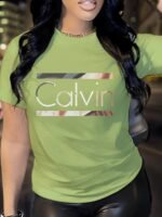 1Pc Stylish Letter Print Women'S Casual Sport Black Dark Grey White Apricot Brick Red Matcha Round Neck Pullover T-Shirt Polyester Spandex Comfortable Short Sleeve Top - Image 2