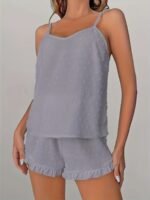 Women'S Plus Size Lace Trim Cami Pajama Set - Soft Polyester, Solid Color, Ruffled Detail, Comfortable Sleepwear For Spring/Summer/Fall, Relaxed Fit Pajamas | Ruffled Detail Clothing | Smooth Texture Fabric