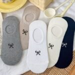 5 Pairs Women'S Ankle Socks With Cute Bow Detail - Breathable Lightweight No-Show Boat Socks For Casual & Athletic Wear, Assorted Neutral Colors, Machine Washable, Soft Fabric - Image 2