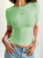 Women'S Pink Short Sleeve T-Shirt - "I Am Not A Stranger" Graphic, Crop Top With Ruched Detail, Casual Summer Tee, Casual Summer Wear | Ruched Detail Top | Comfortable Fit, Ladies T Shirts - Image 3