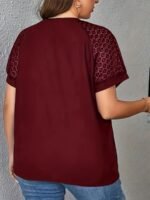 Women'S Plus Size Elegant V-Neck T-Shirt With Contrast Lace Detail, Short Sleeve Casual Top For Spring/Summer, Polyester Knit Fabric, 180Gsm - Purple With Black Text "Handmade" - Image 9