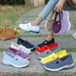1 Pair Women'S Breathable Open Toe Sneakers, Casual All-Season Slip-On Walking Shoes, Lightweight Flat Sole With Solid Color Design, Comfortable Fabric Upper/Inner And Faux Sole