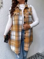 Plus Size Plaid Pattern Button Front Vest, Casual Sleeveless Flap Detail Gilet Jacket For Fall & Spring, Women'S Plus Size Clothing - Image 3