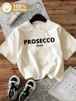 Women'S "Prosecco Mood" Graphic Tee - Casual Crew Neck Short Sleeve T-Shirt With Wine Glass & Champagne Design, White, Perfect For Spring & Summer, Ladies T Shirts