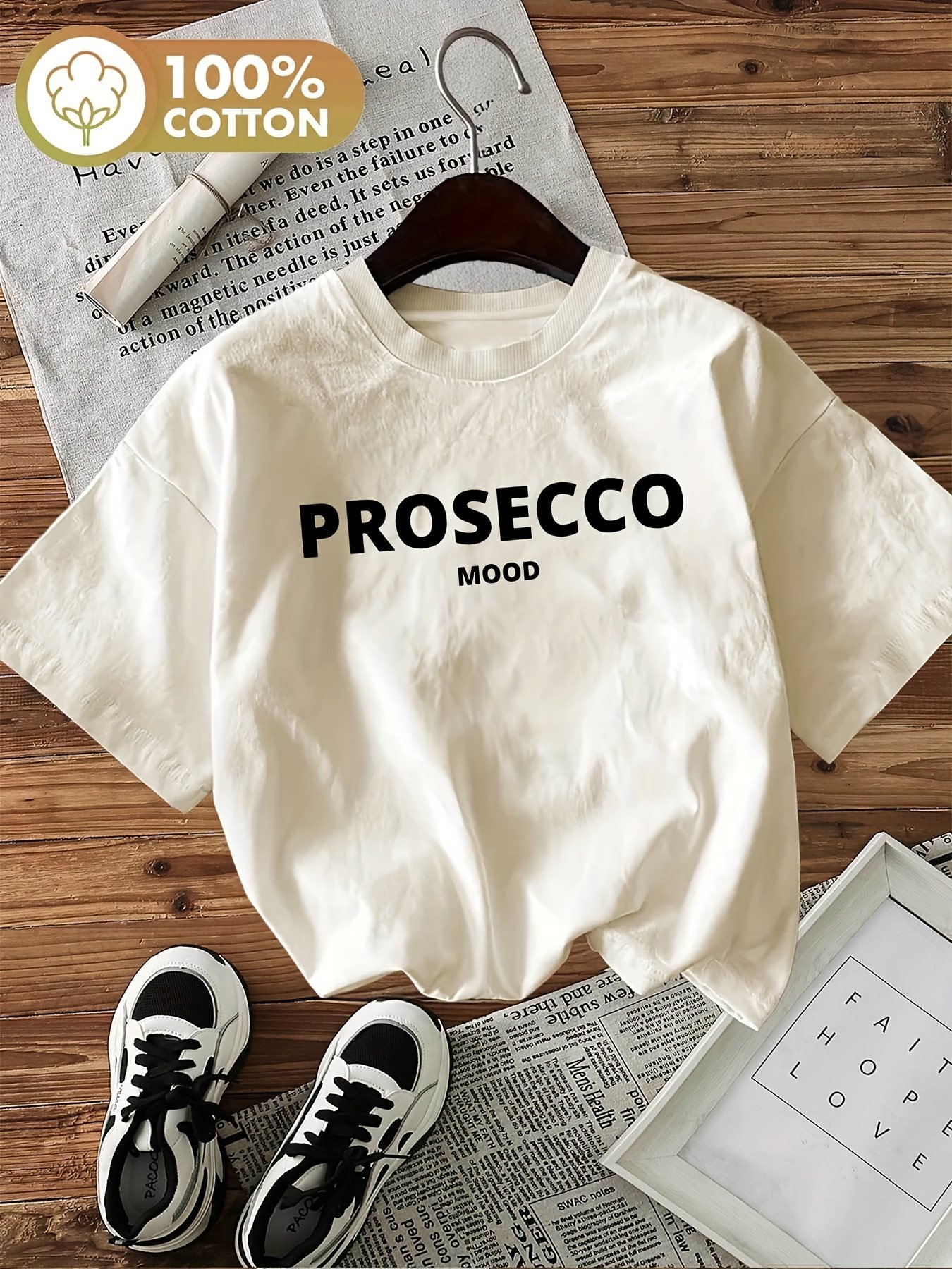 product-fancy-1a4e774b-024e-4e70-ae92-1c87f0f45442.jpg Women'S "Prosecco Mood" Graphic Tee - Casual Crew Neck Short Sleeve T-Shirt With Wine Glass & Champagne Design, White, Perfect For Spring & Summer, Ladies T Shirts - Image 1