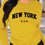 New York Print Crew Neck T-Shirt, Casual Long Sleeve T-Shirt For Spring & Fall, Women'S Clothing