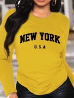 New York Print Crew Neck T-Shirt, Casual Long Sleeve T-Shirt For Spring & Fall, Women'S Clothing