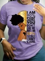 Women'S Purple "I Don'T Care" Empowerment Print T-Shirt - 100% Positive Affirmation Short Sleeve Top With Golden Accents, Round Neck Casual Summer Shirt, Machine Washable & Semi-Sheer For Layering, Everyday Fashion, Fashion Statement Tee, Medium Elasticity Fabric, Spring Outfit, Trendy Design, Breathable Material, Printed Tee, Fashion Lovers