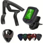 Alloy Guitar Capo Set With Digital Tuner, Picks Holder & 5 Picks 0.7Mm - Versatile Capo For Acoustic, Electric Guitars, Ukulele, Bass, Violin - Black