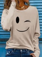 Women'S Casual Long Sleeve Crew Neck Graphic Print T-Shirt - Playful Joyful Face Design, Slim Fit, Soft Breathable Fabric For Spring & Fall, Versatile Everyday Top, Ladies T Shirts, Wink Motif Apparel, Highquality - Image 2