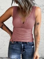 Solid Color Notched Neck Tank Top, Casual Sleeveless Tank Top For Summer, Women'S Clothing - Image 2