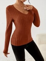 V Neck Slim Ribbed T-Shirt, Elegant Solid Long Sleeve Top For Spring & Fall, Women'S Clothing - Image 10