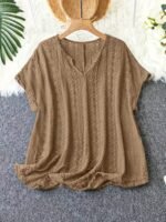 Plus Size - Women'S Elegant V-Neck Bat Sleeve T-Shirt - Slim Fit, Short Sleeve, Black Top With Ruffled Hem, Perfect For Casual Or Chic Outfits, Versatile Clothing | Ruffled Hem Top | Construction, Ladies T Shirts - Image 10