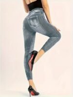 Plus Size Women'S High-Waisted Tight-Fitting Leggings With All-Over Vertical Stripe Print - Stretchy Non-See-Through Fabric, Faux Pockets, Machine Washable For Year-Round Casual & Formal Wear, High Waisted Leggings, Formal Attire Leggings, Faux Pocket Design - Image 4