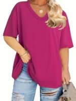 Women'S Plus Size Casual V-Neck T-Shirt, Polyester 95.0% Spandex 5.0%, Solid Color Knit Fabric, Retro Vacation Style Short Sleeve Tee For Spring/Summer, Ladies T Shirts - Image 7