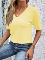 Women'S Elegant V-Neck Blouse - Short Sleeve Solid Color Top For Casual Or Chic Outfits, Machine Washable Polyester, Perfect For Spring & Fall, Spring Fashion | Elegant Style | Workout Fabric - Image 2