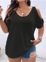 Women'S Elegant Off-Shoulder Round Neck T-Shirt - Soft Stretchy Fabric, Solid Color Summer Casual & Formal Wear, Hand Wash Only, Everyday Comfort Tee, Elegant Shirt, Comfortable Fit Shirt - Image 7
