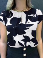Women'S Elegant Casual Short Sleeve Blouse - Black & White Abstract Leaf Print, Loose Fit Round Neck, Chest Ruching, Semi-Sheer Summer Top, Machine Washable, Everyday Sophisticated Wear, Delicate Fabric Shirt, Fitted Waist Accentuate Figure - Image 8