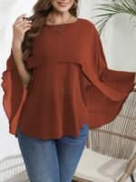 Women'S Plus Size Elegant Crew Neck Shirt, Solid Color Polyester 100%, Non-Stretch Woven Fabric, Versatile Blouse For Spring/Summer/Fall - Image 8