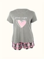 Women'S Plus Size Pajama Set, Cute Cartoon Heart & Leopard Print, Polyester 95% Elastane 5%, Knit Fabric, Slight Stretch, Crew Neck, All Season Sleepwear, 140Gsm - Grey - Image 5