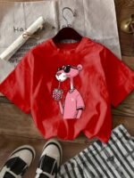 Women'S Casual Crew Neck T-Shirt With Cute Cartoon Print, Short Sleeve, Regular Length, Slight Stretch Fabric, Pink Tigger Design, Soft Polyester Material, Perfect For Casual Attir - Image 3