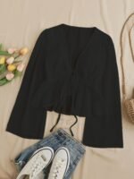 Elegant V-Neck Tie-Waist Blouse With Ruffled Sleeves And Lace Detail - Light Blue, Perfect For Spring/Summer, Adult Women'S Clothing, Casual Attire|Ruffled Sleeve Top|Lace Detail Top, Ladies Blouses - Image 5