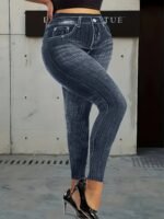 Plus Size Women'S High-Waisted Tight-Fitting Leggings With All-Over Vertical Stripe Print - Stretchy Non-See-Through Fabric, Faux Pockets, Machine Washable For Year-Round Casual & Formal Wear, High Waisted Leggings, Formal Attire Leggings, Faux Pocket Design - Image 5