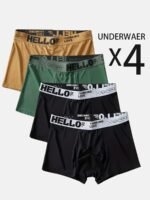 4Pcs Men'S Boxer Briefs - Stylish "Hello" Waistband Design, Breathable & Stretchy Polyester-Spandex Blend, Comfort Fit Underwear In Assorted Colors (Black, Orange, Gray, Green) - Machine Washable - Image 2