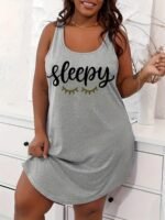 Plus Size Women'S Casual Sleep Dress - "Sleepy" Letter Print With Playful Leaf Accents, Vibrant Orange Round Neck Tank Nightgown, Front Short Back Long Hem, Machine Washable All-Season Lounge Wear, Sleep Shirt, Comfortable Sleepwear, Cozy Fit Design, Relaxed Fit Nightgown - Image 2