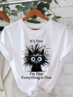 Women'S Light Blue Casual Short Sleeve T-Shirt - "It'S Fine I'M Fine Everything Is Fine" Sarcastic Cat Graphic Print, Round Neck Summer Fit, Medium Stretch Machine Washable Tee, Cat T Shirt, Everyday Apparel, Playful Design, Stretchy Fabric - Image 4